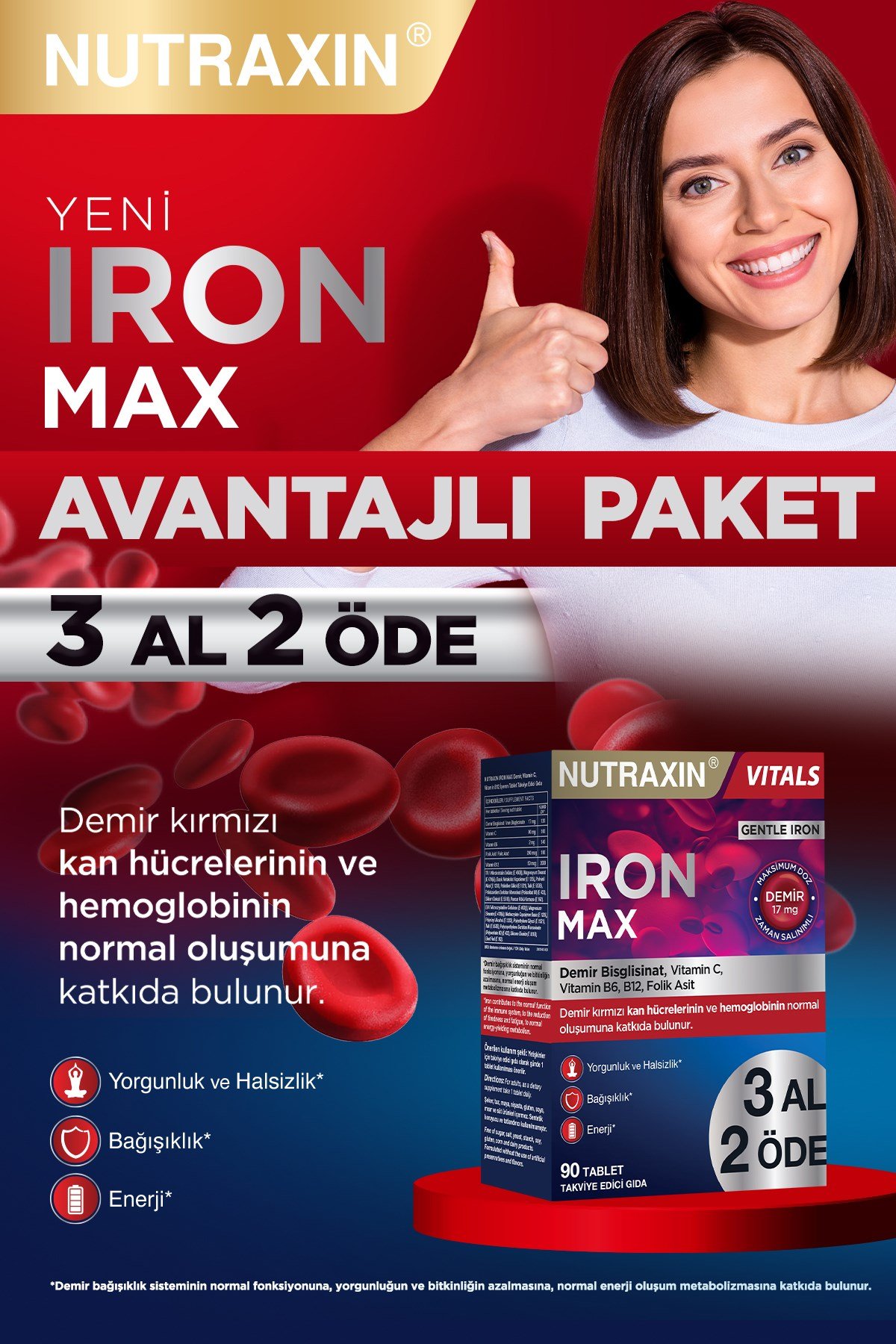 Iron Max 17 Mg 90 Tablet Avantajlı Paket - Gentle Iron, Vitamin C, B12, B6, 3 Aylık Kullanım
