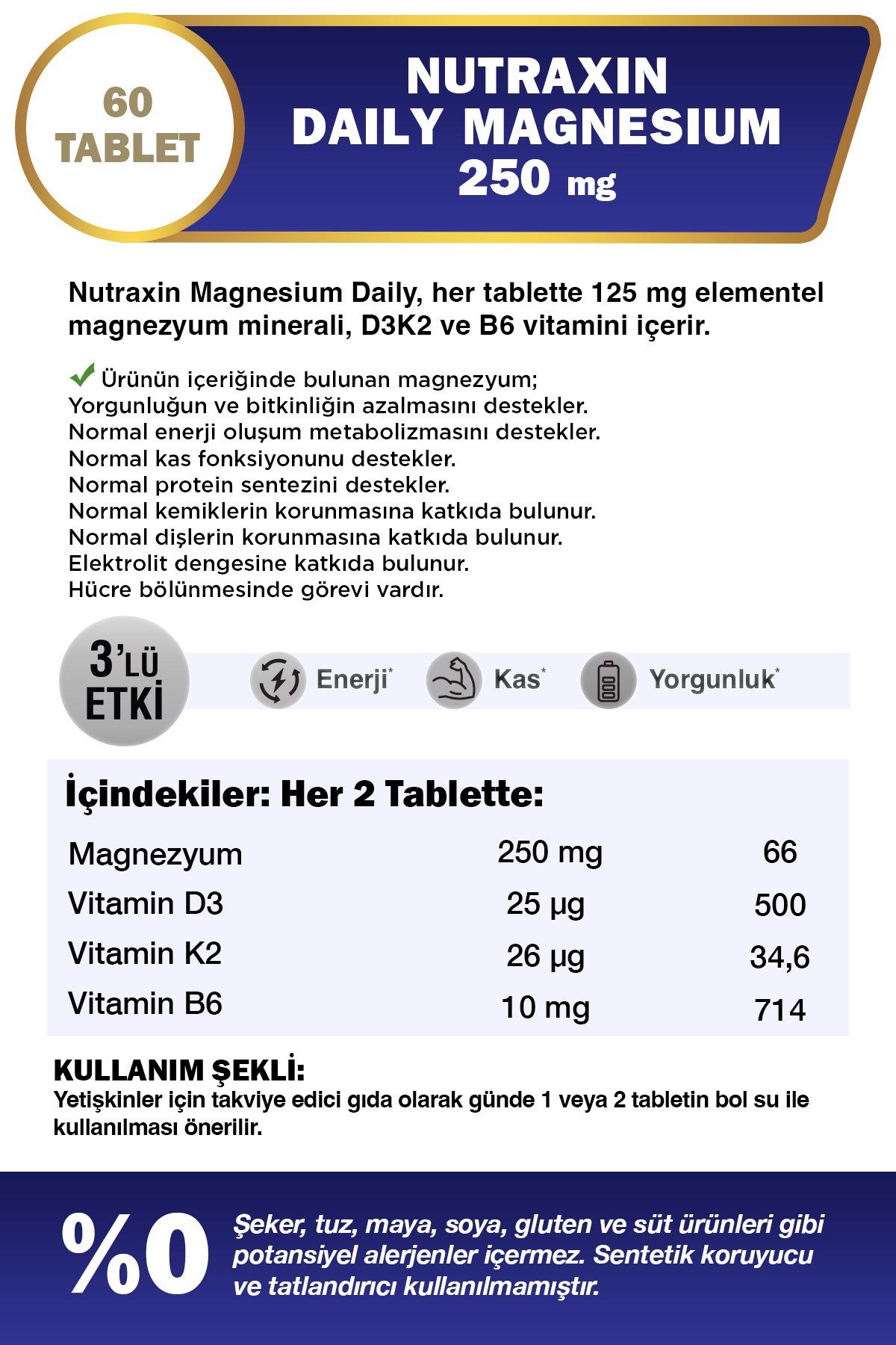 Magnezyum Daily Energy 250 Mg 60 Tablet - Magnesium, D3, K2, B6