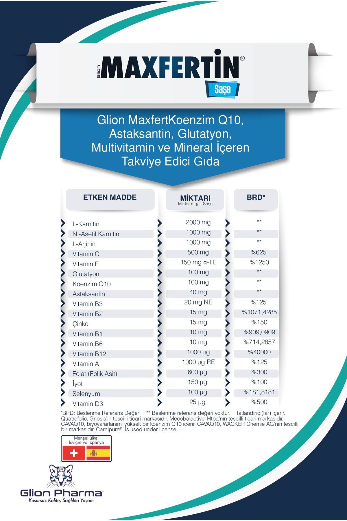 Maxfertin Koenzim Q10, Astaksantin, Glutatyon, Multivitamin ve Mineral İçeren Takviye Edici Gıda