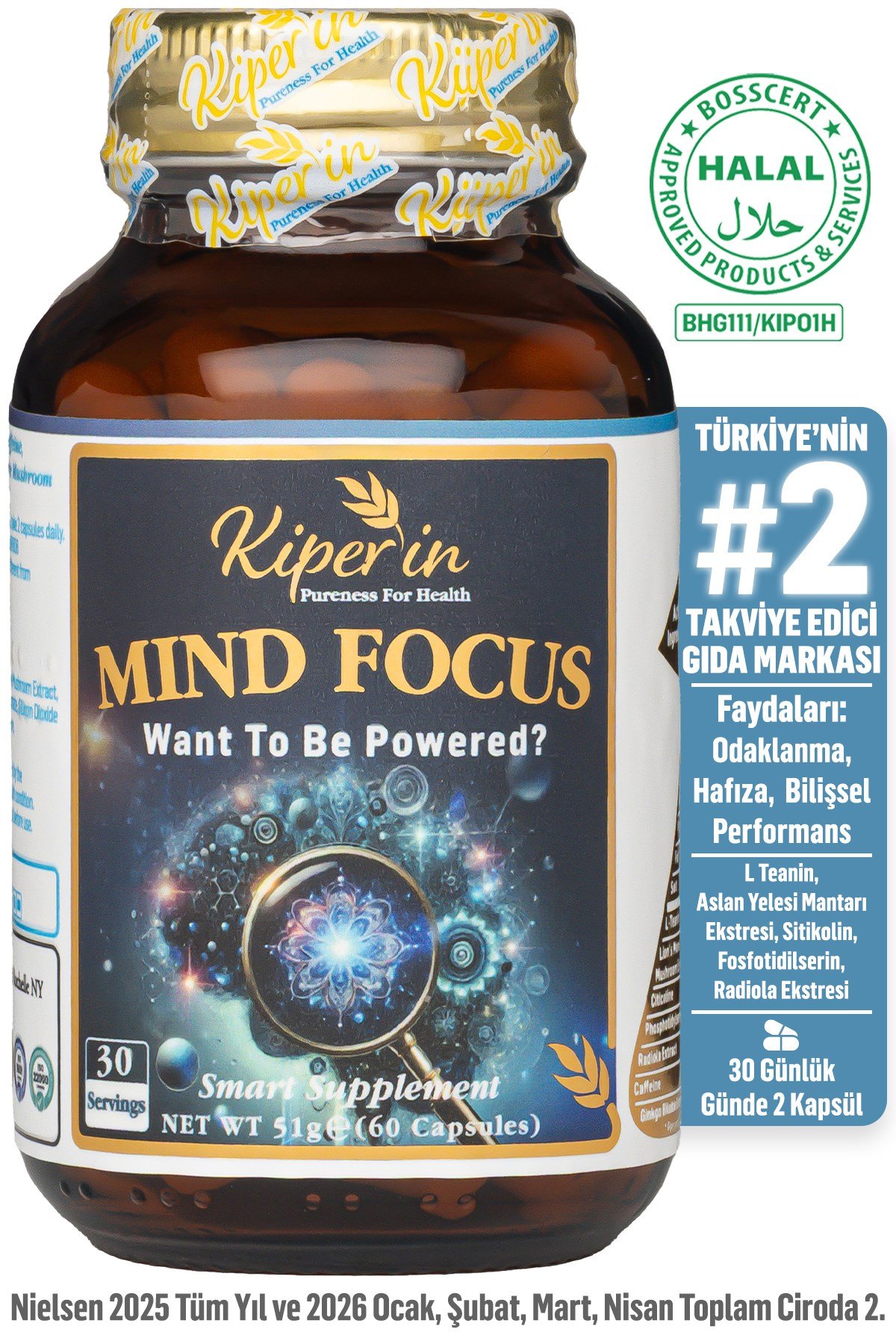 Mind Focus Aslan Yelesi Mantarı, Sitikolin, Rhodiola, L-Theanin .. (1440mg) | Akıllı Gıda Takviyesi