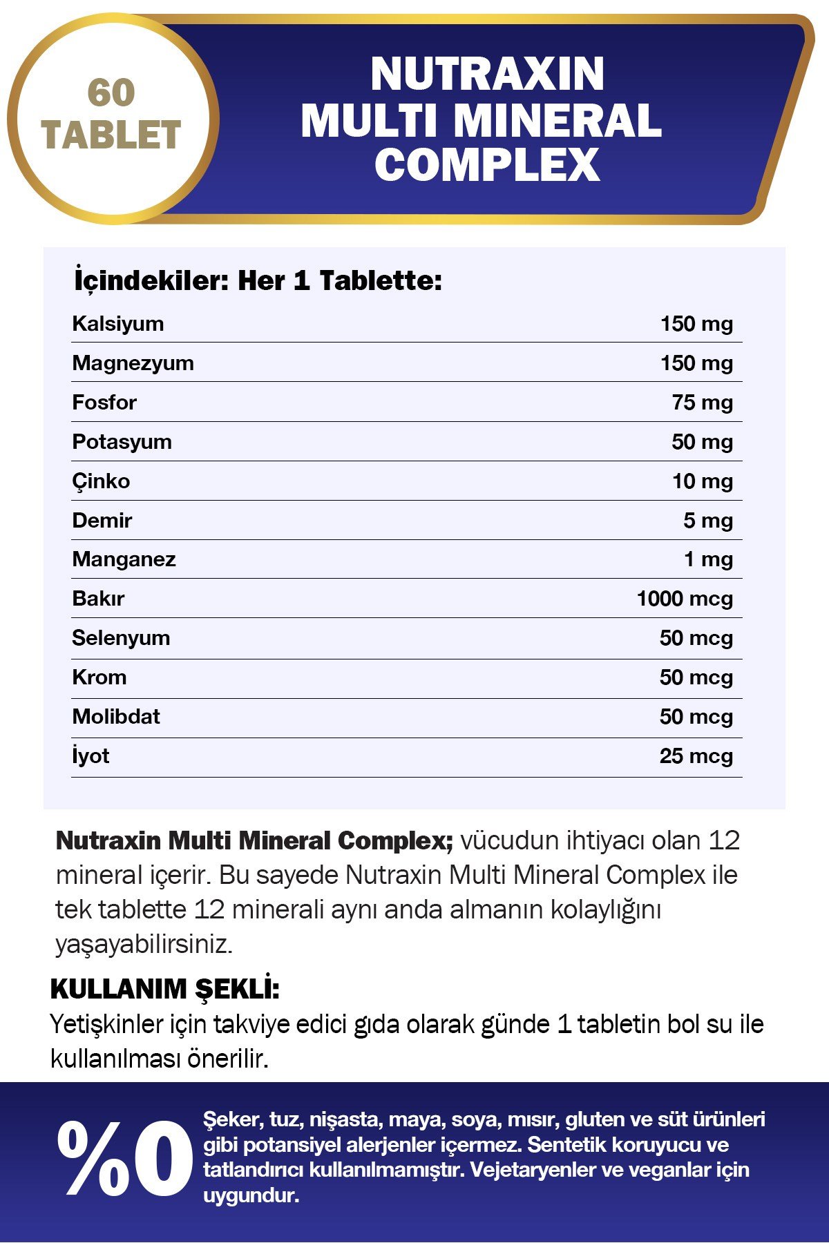 Multimineral Complex 60 Tablet Magnezyum, Kalsiyum, Çinko, Demir, İyot, Krom