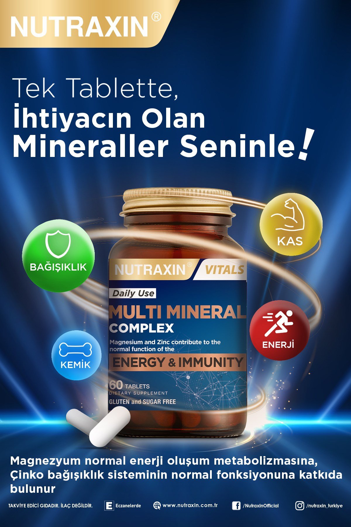 Multimineral Complex 60 Tablet Magnezyum, Kalsiyum, Çinko, Demir, İyot, Krom