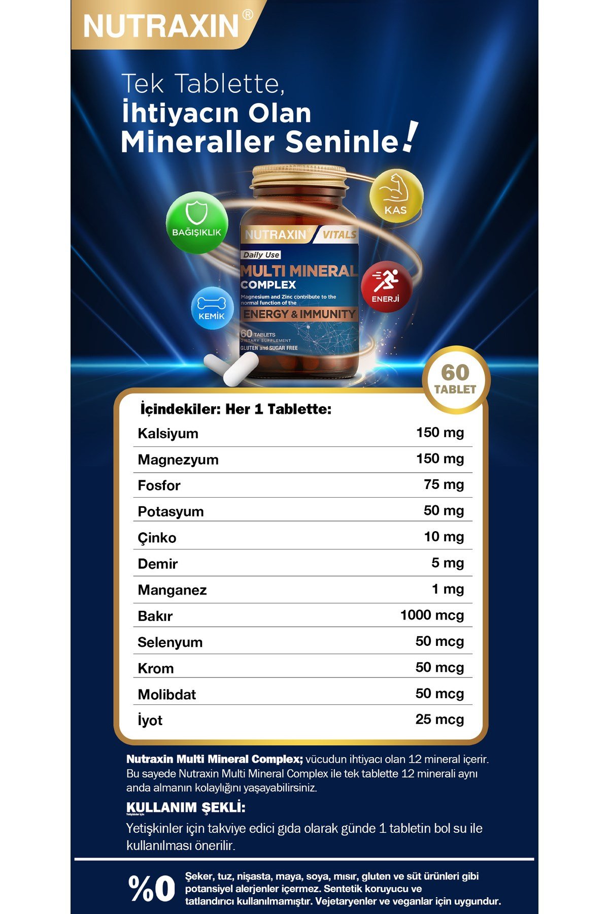 Multimineral Complex 60 Tablet Magnezyum, Kalsiyum, Çinko, Demir, İyot, Krom