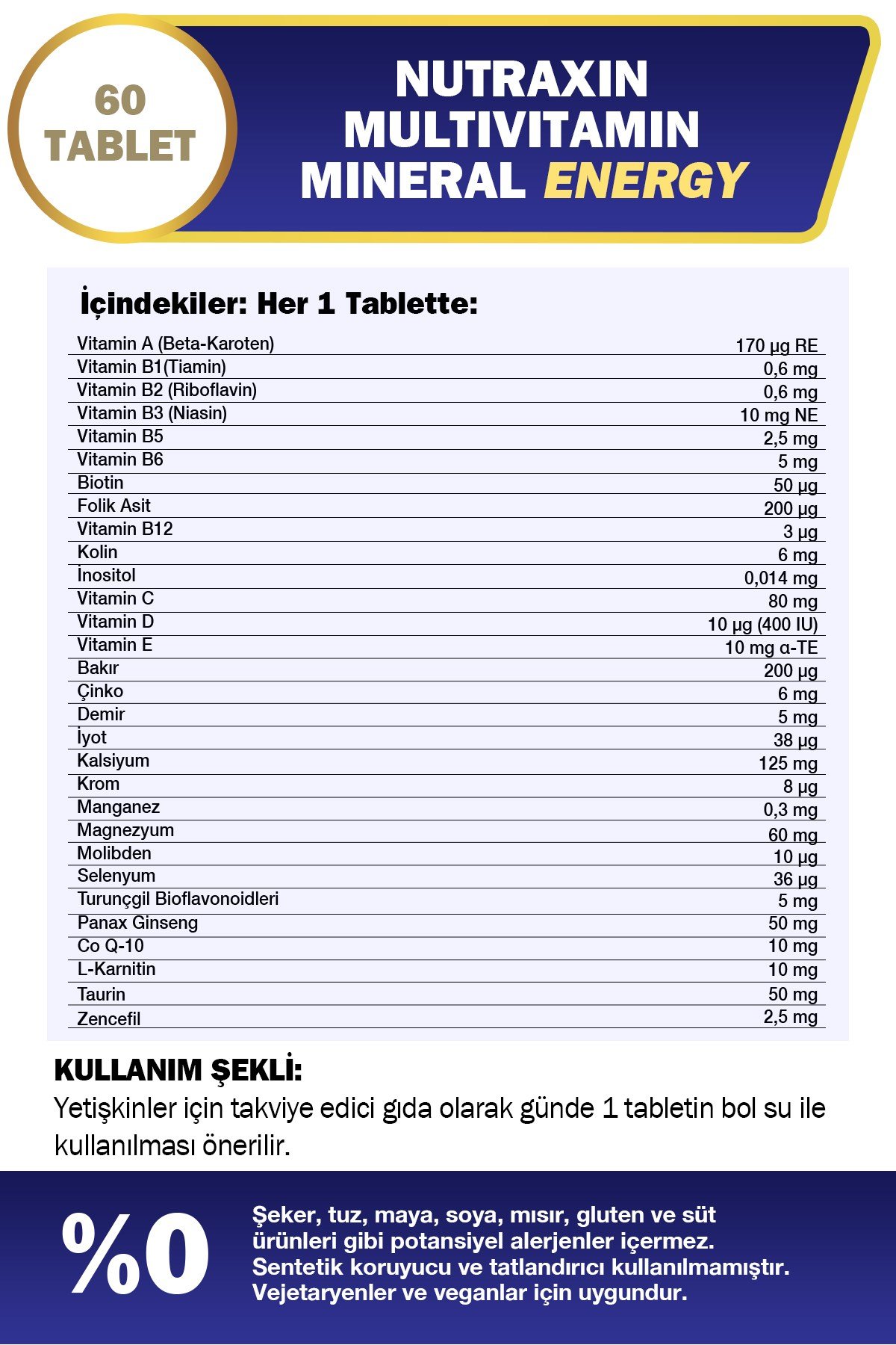 Multivitamin Mineral Energy Complex 60 Tbl - Magnezyum, Taurin, Kolin, Panax Ginseng, Q10