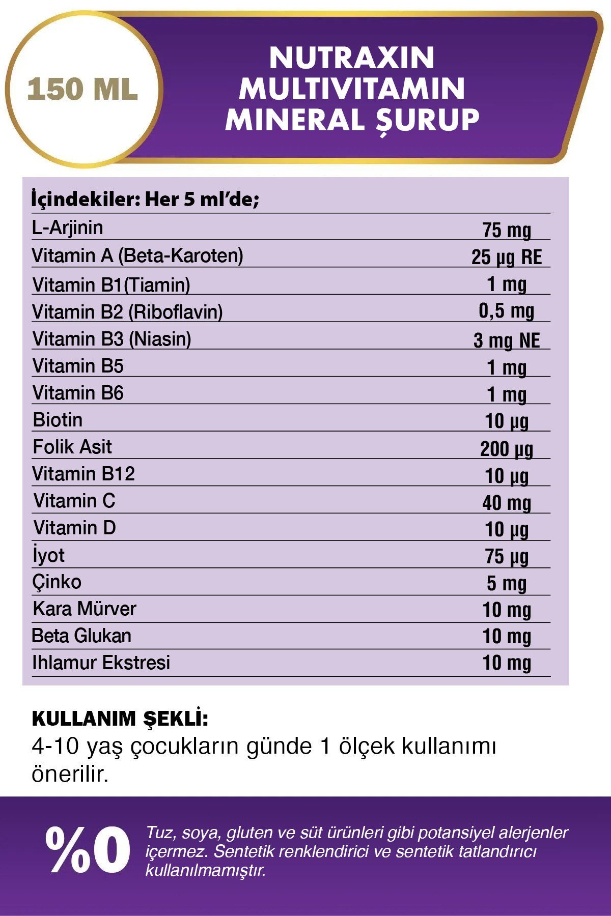 Multivitamin & Mineral Şurup 150 Ml - L-Arginin, Çinko, A,C,D,B Kompleks, Beta Glukan, Kara