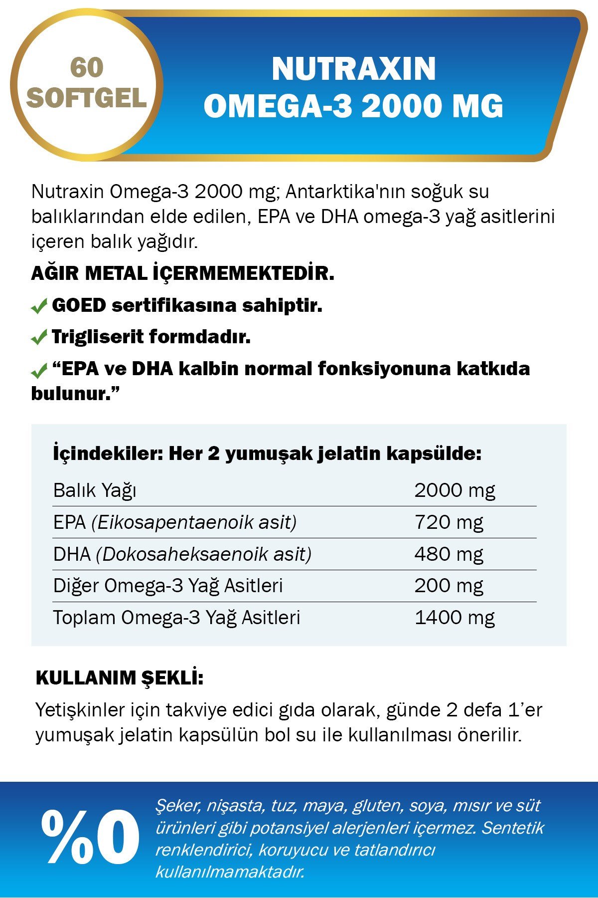 Omega 3 2000 Mg 60 Softjel - Balık Yağı, EPA 720, DHA 480 Mg