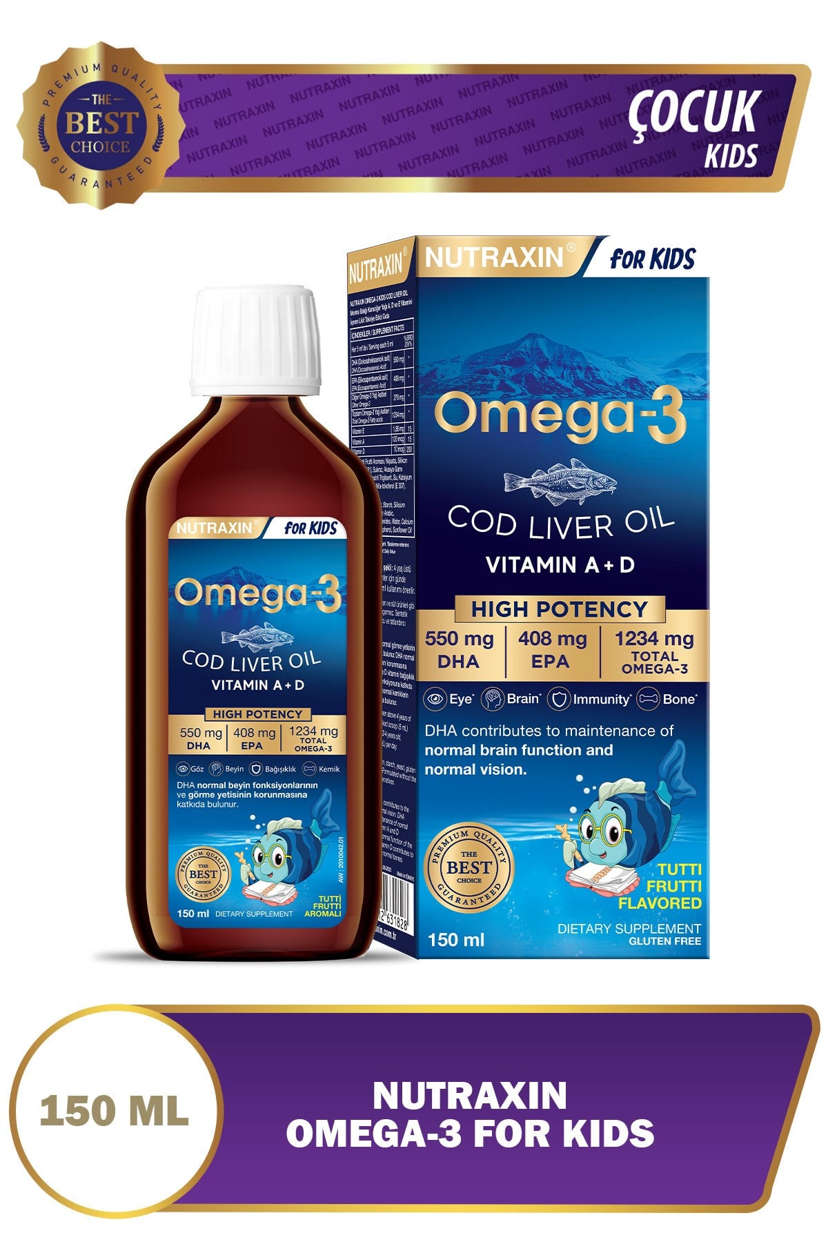 Omega 3 For Kids 150 ml – Yüksek DHA ve EPA A D E Vitaminli Tutti Frutti Aromalı
