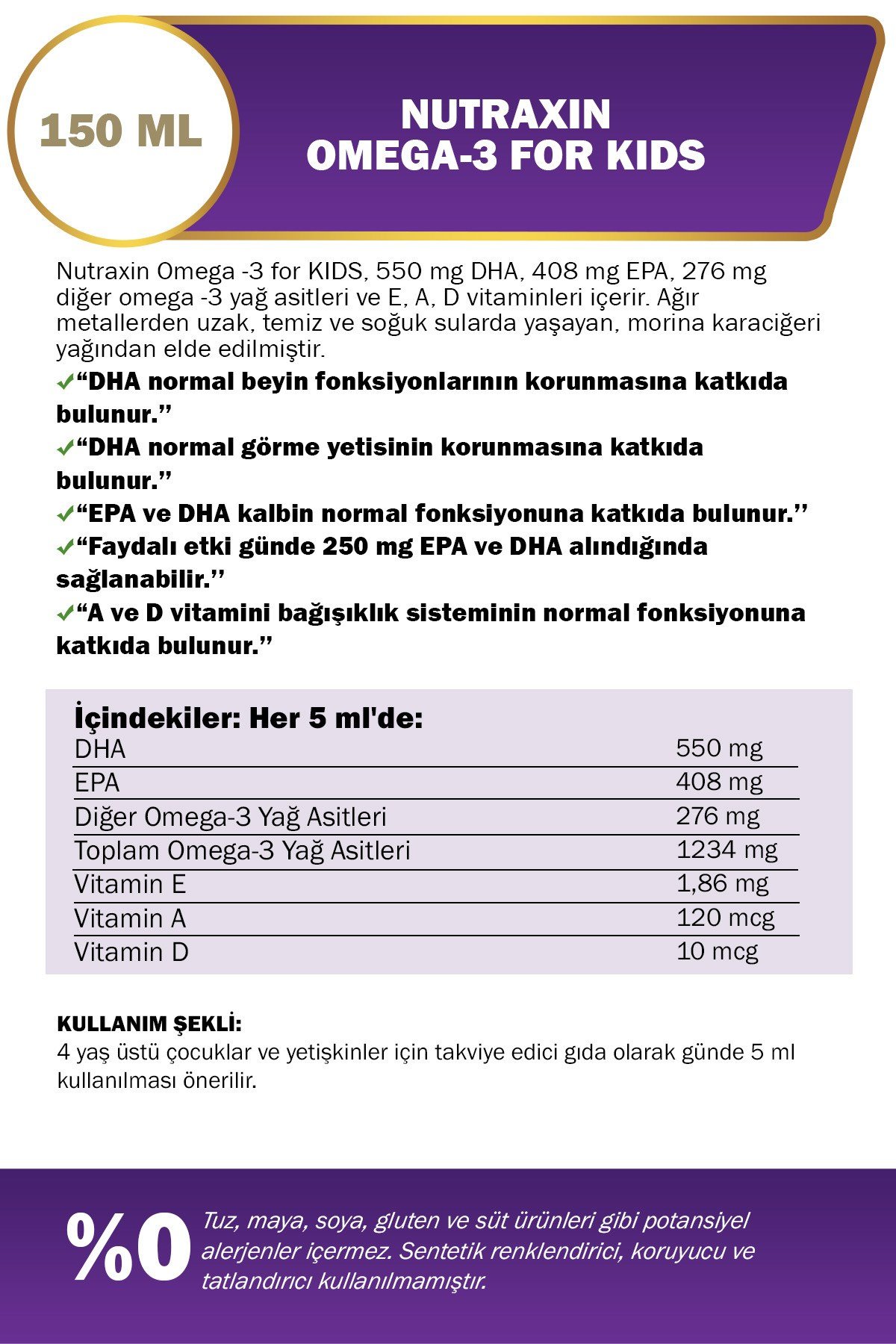 Omega 3 For Kids 150 ml – Yüksek DHA ve EPA A D E Vitaminli Tutti Frutti Aromalı