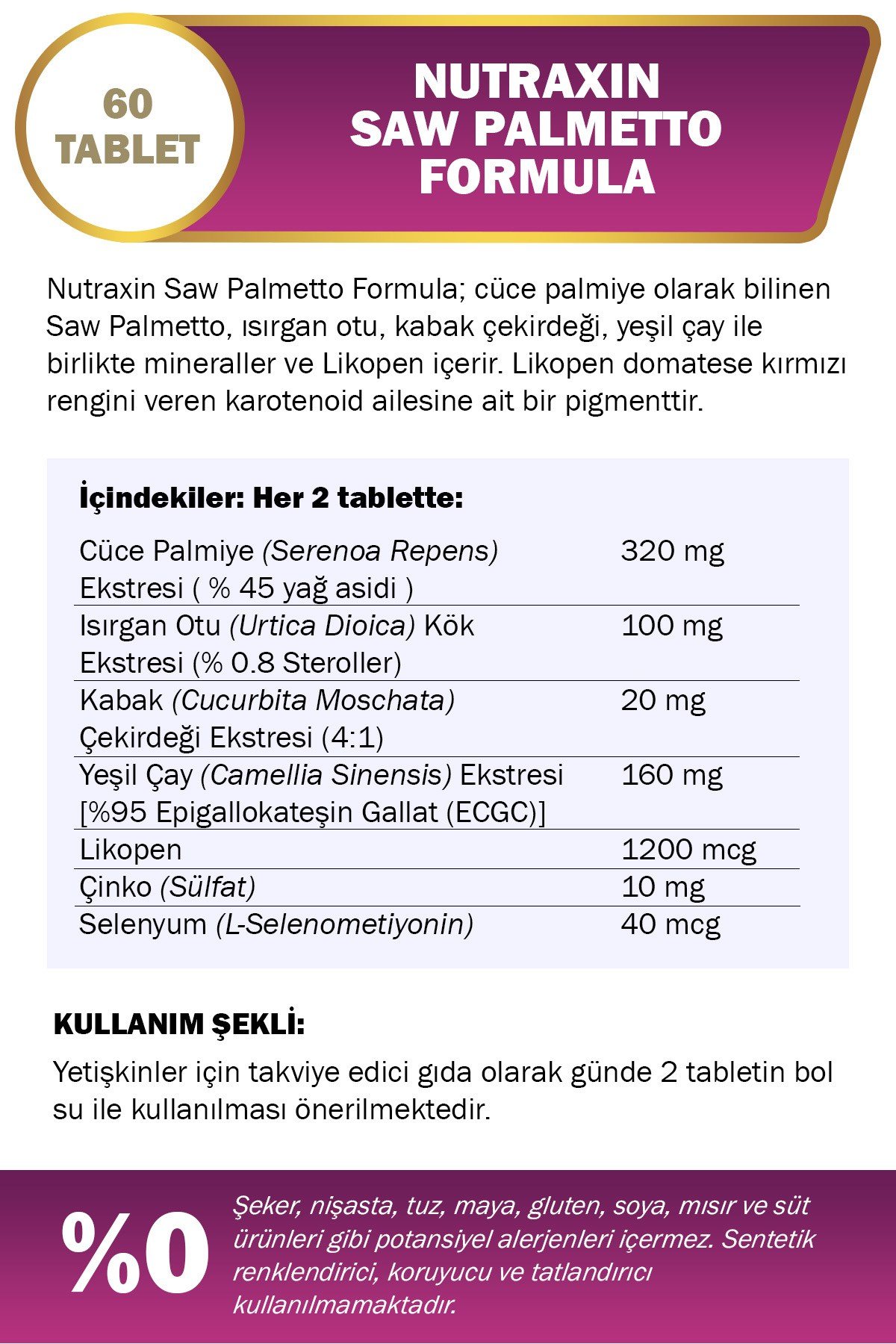 Saw Palmetto Formula 60 Tablet - Cüce Palmiye, Isırgan Otu, Yeşil Çay, Likopen, Çinko, Selenyum