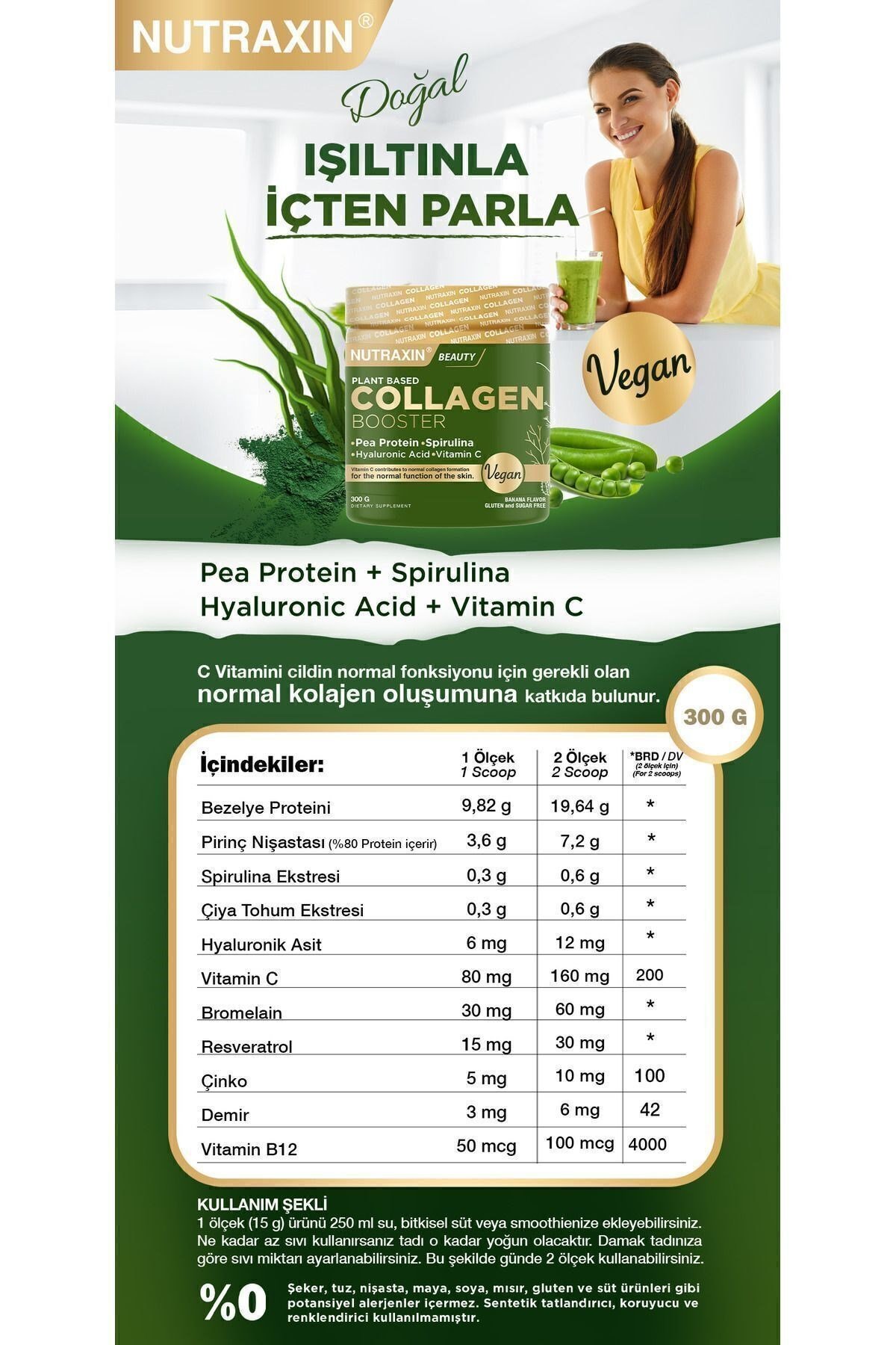 Vegan Protein Booster 300 Gr - Pea Protein, Spirulina, Vitamin C, Hyaluronik Asit Glutensiz