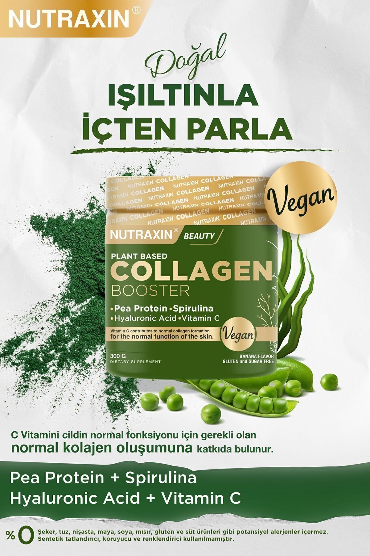 Vegan Protein Booster 300 Gr - Pea Protein, Spirulina, Vitamin C, Hyaluronik Asit Glutensiz