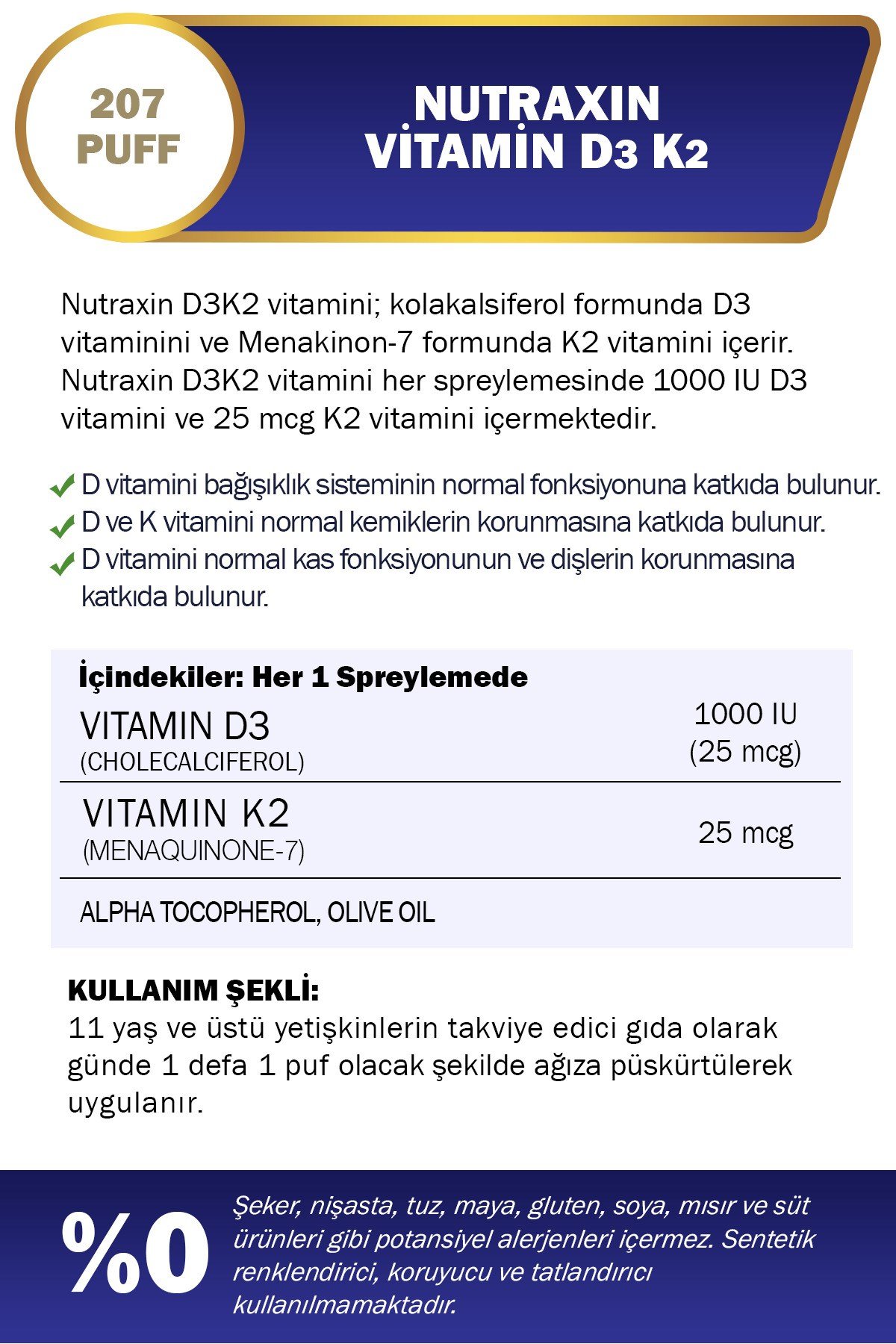 Vitals D3k2 30 Ml - 1000 Iu D3 Vitamini, 25 Mcg K2 Vitamini 207 Puf