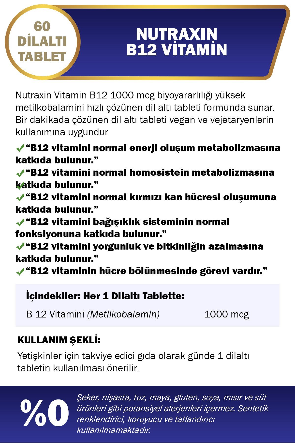Vitamin B12 1000 mcg Sublingual 60 Tablet | Metilkobalamin | Hızlı Emilim Dil Altı Form