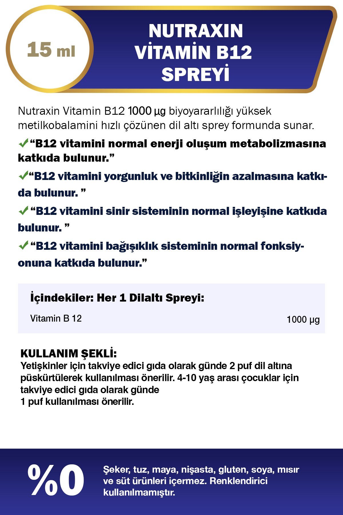Vitamin B12 Sprey 15 ml – Metilkobalamin Formlu, Vegan, Hızlı Emilim Takviyesi