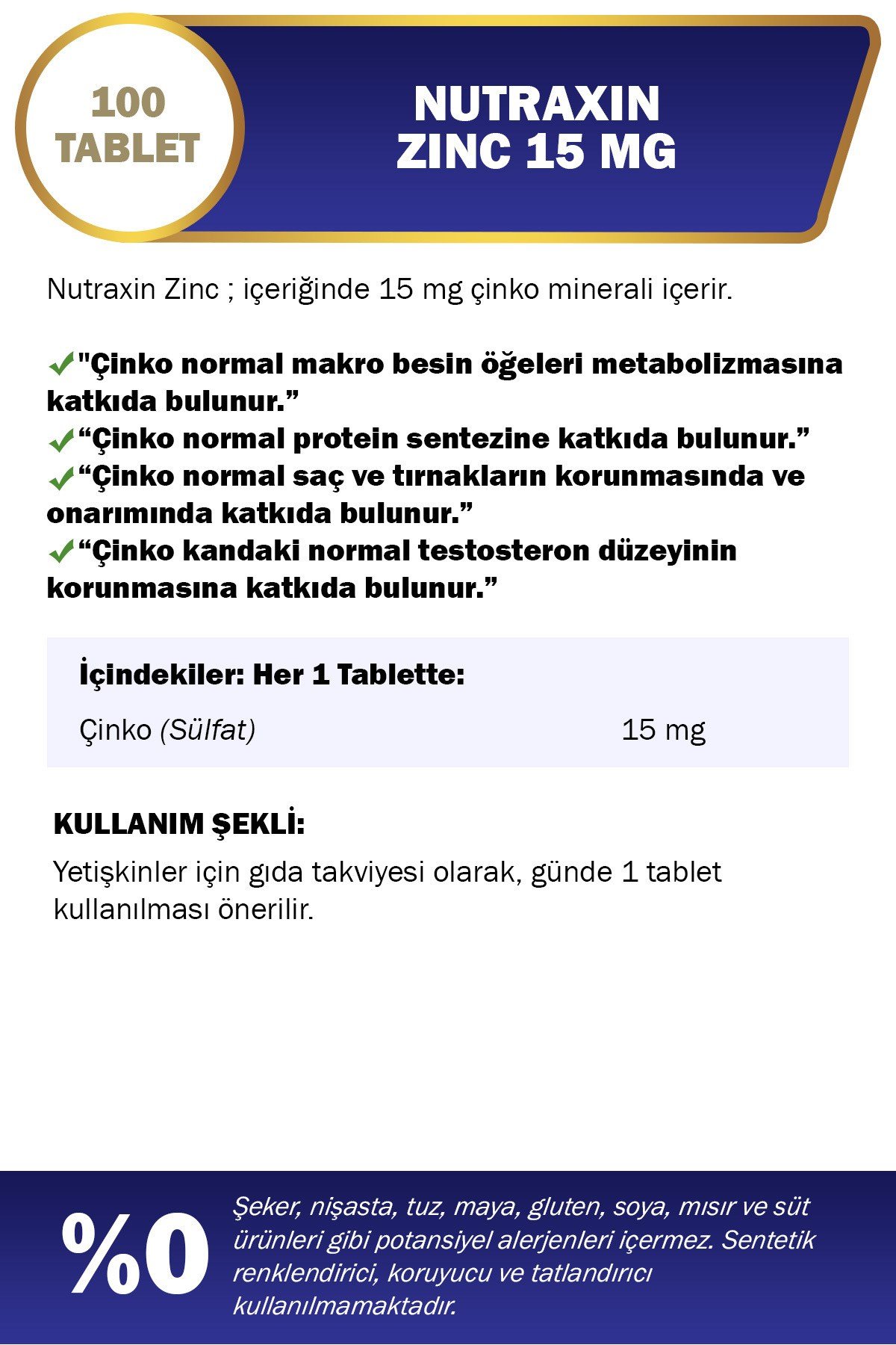 Zinc Sulphate 15 mg 100 Tablet | Çinko Sülfat