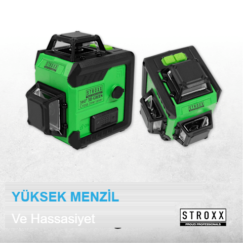 STROXX 3D Yeşil Çapraz Çizgi Lazer 360° - Tripod Dahil — 3x360° çizgi, kendinden tesviyeli, 40 m