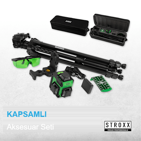 STROXX 3D Yeşil Çapraz Çizgi Lazer 360° - Tripod Dahil — 3x360° çizgi, kendinden tesviyeli, 40 m