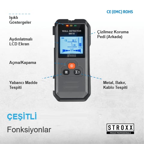 STROXX Duvar Dedektörü — Kablo/ahşap/metal tespit, 9V pil, çantalı