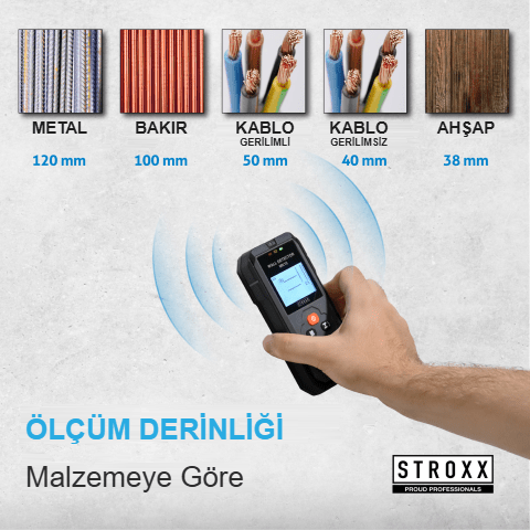 STROXX Duvar Dedektörü — Kablo/ahşap/metal tespit, 9V pil, çantalı