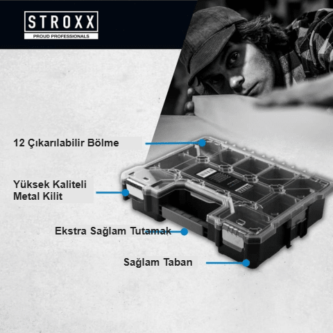 STROXX Düzenleme Kutusu — 12 bölme, 15 kg, 454x360x105 mm