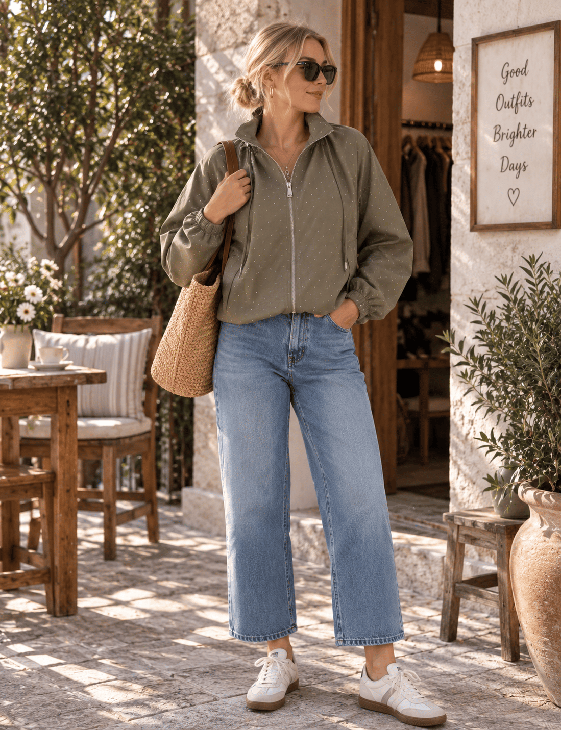 Taş Detaylı Fermuarlı Ceket (Haki)