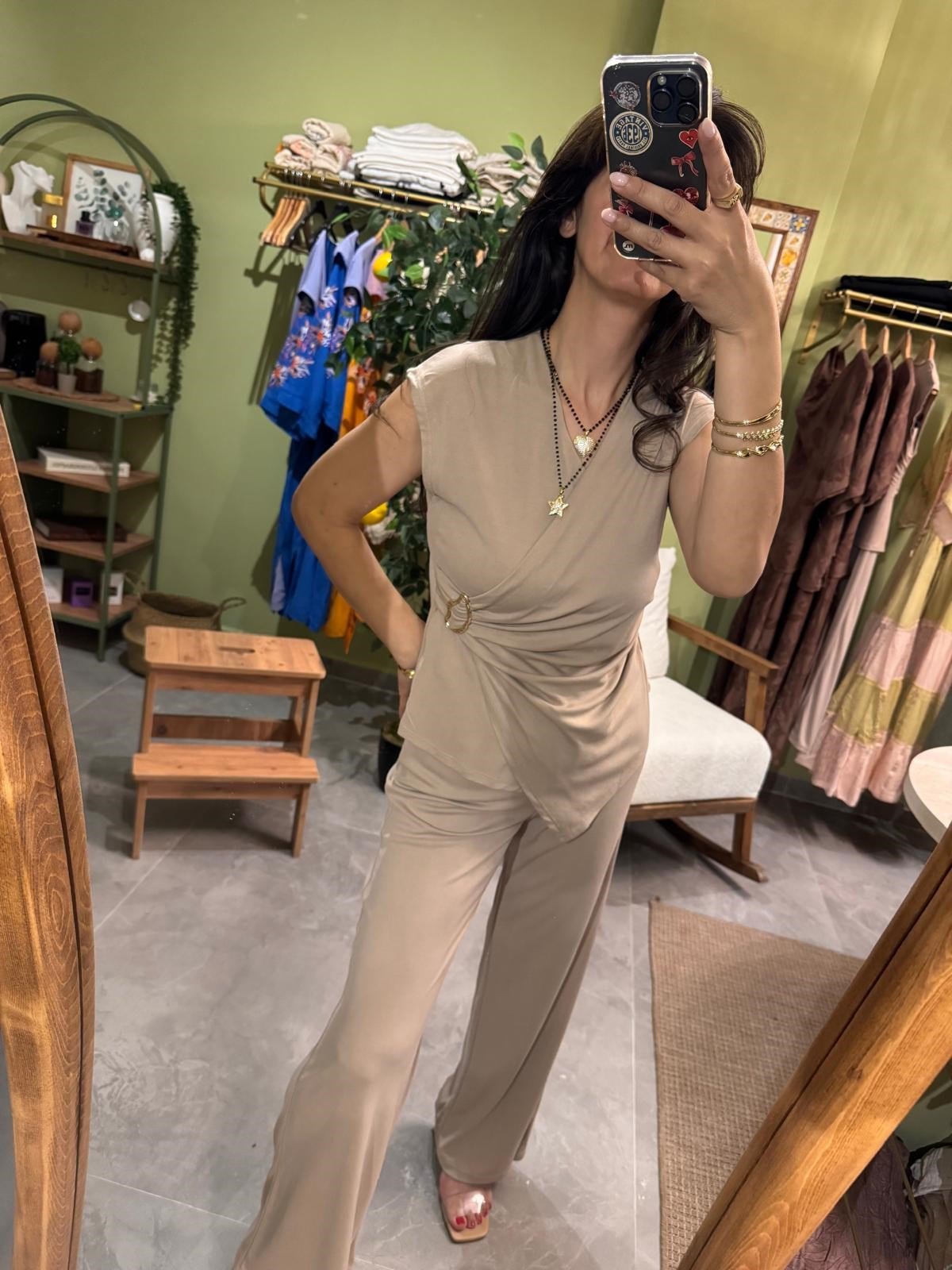 Toka Detaylı Bluz Pantolon Takım