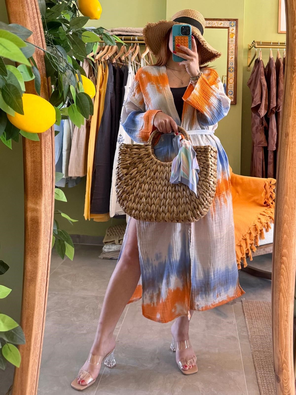 Turuncu Mavi Batik Kimono