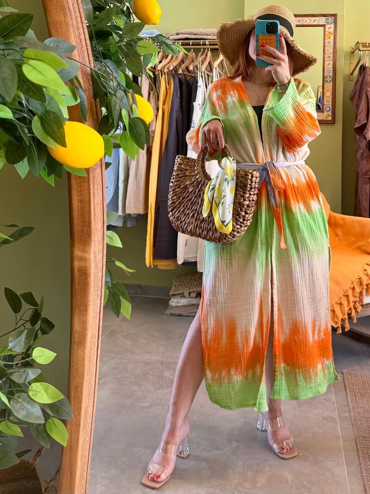 Turuncu Yeşil Batik Kimono