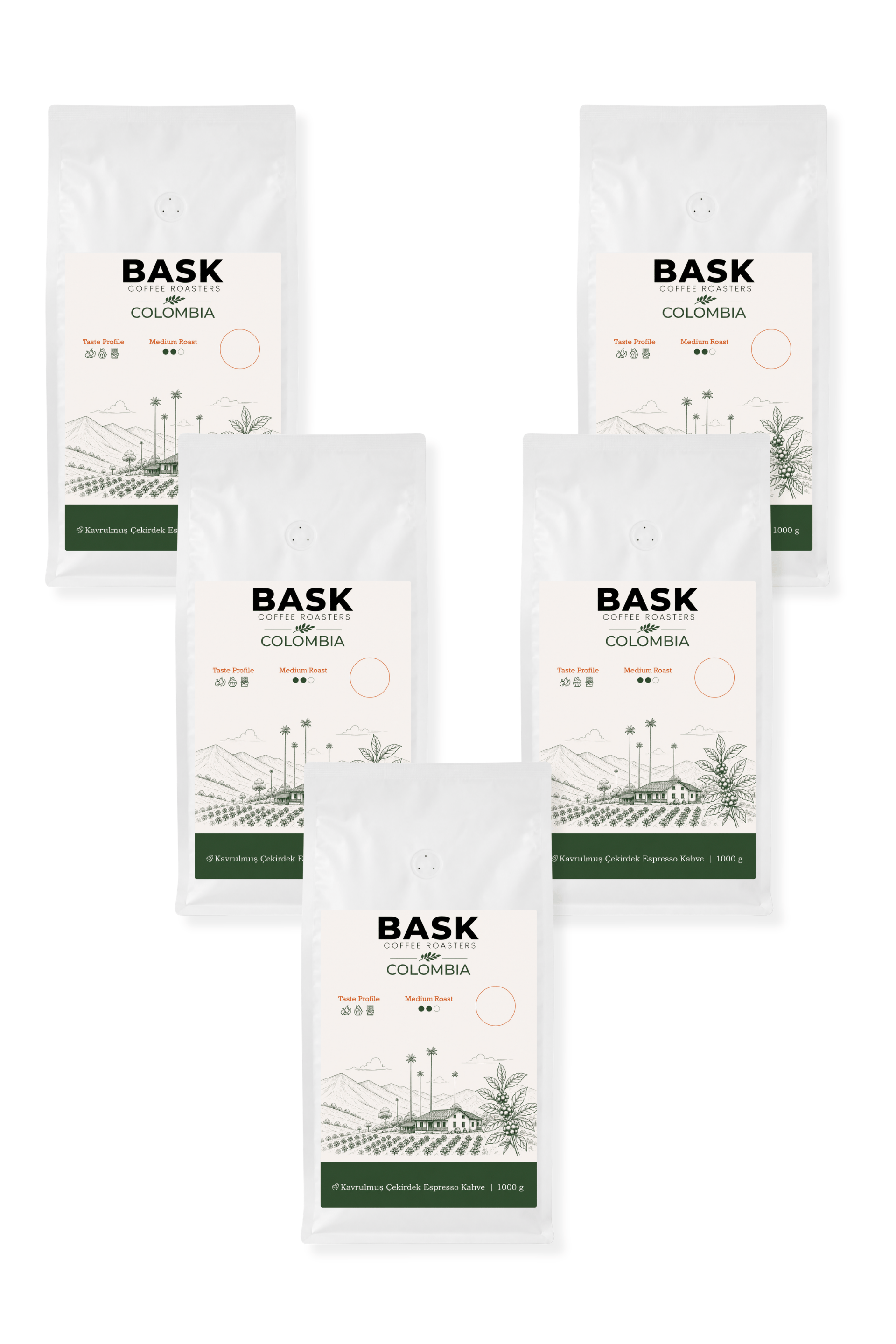 Espresso Seti: Colombia 5'li Çekirdek Kahve Paketi (5x1000g)