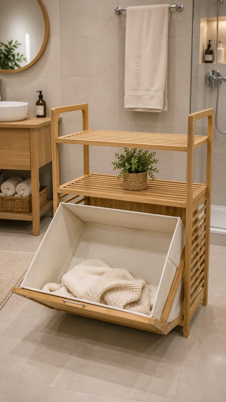 Bambu Çamaşır Sepeti &  Raflı Banyo Düzenleyici