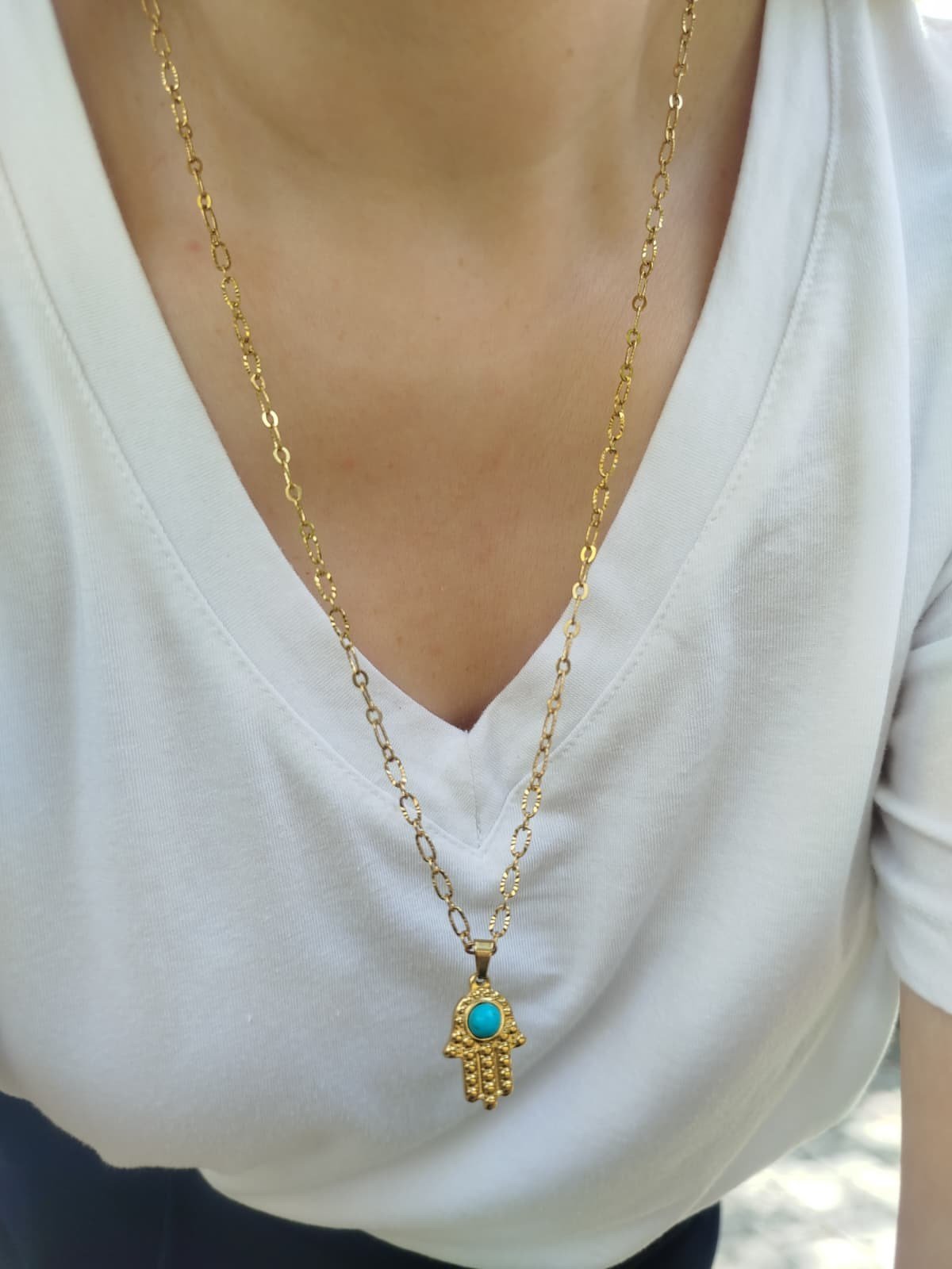 Çelik Mavi Taşlı Gold Fatma Ana Eli Kolye