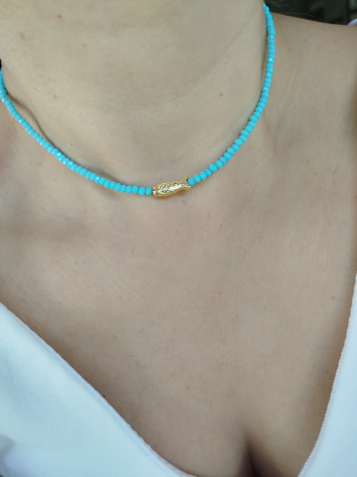 Mavi Kristal Boncuklu Balıklı Choker Kolye