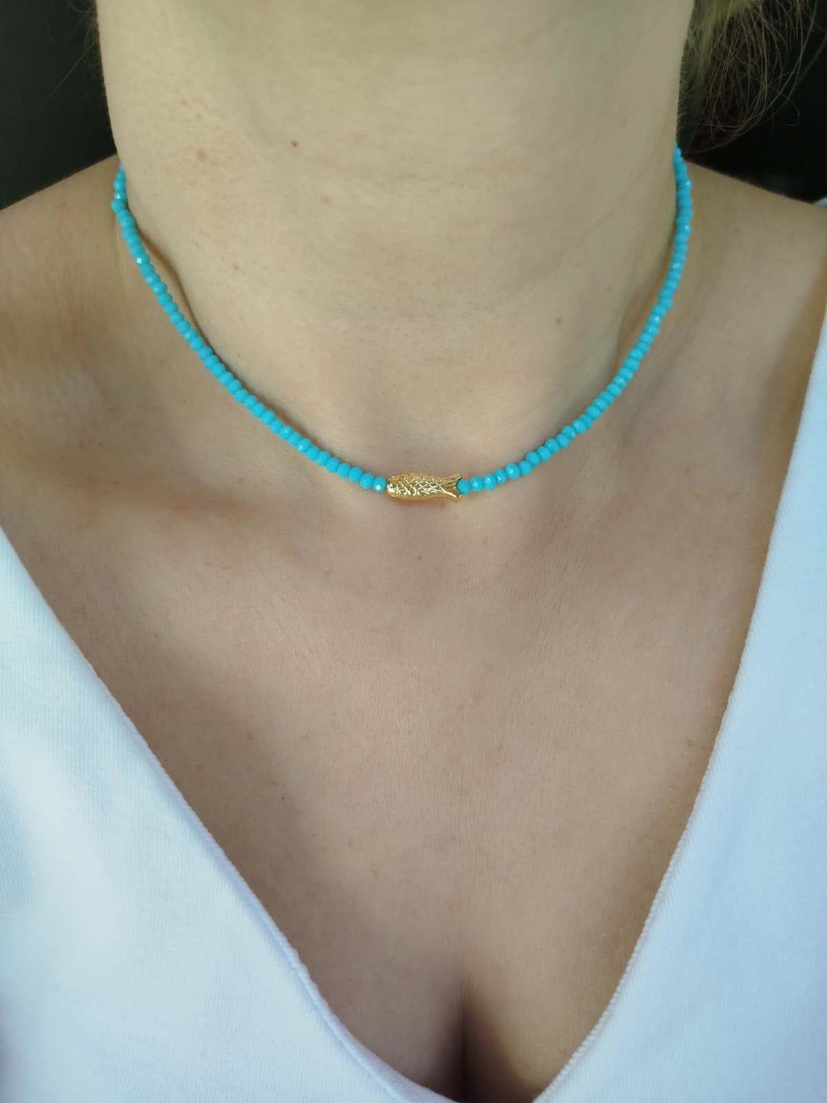Mavi Kristal Boncuklu Balıklı Choker Kolye