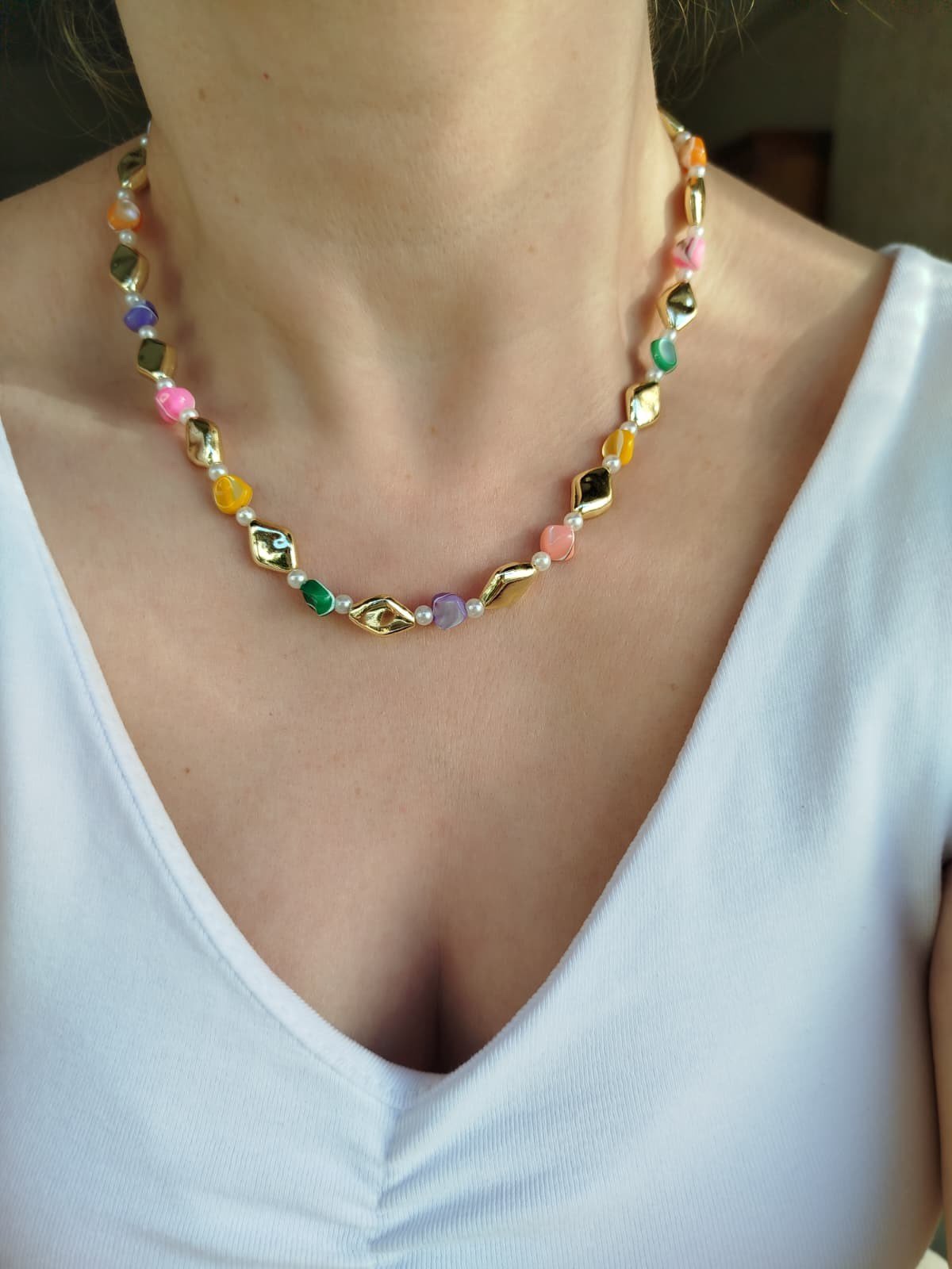 Pembe-Gold Sedef Boncuklu Kolye