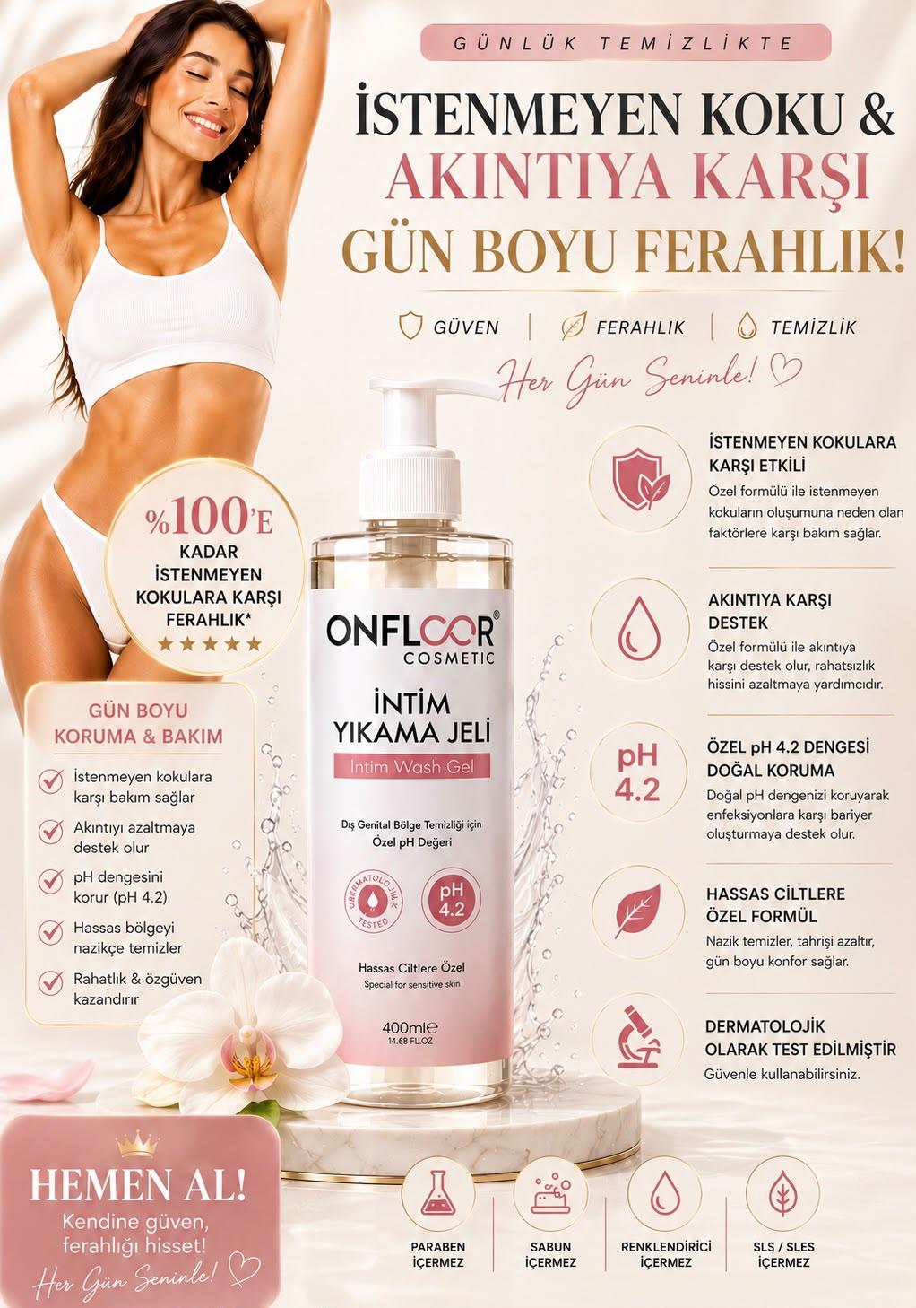 ONFLOOR İstenmeyen koku, ve Hassasiyet Karşıtı Bakım | Gün Boyu Ferahlık ve Özgüven | İntim Bakım Jeli pH 4.2 250 ml -