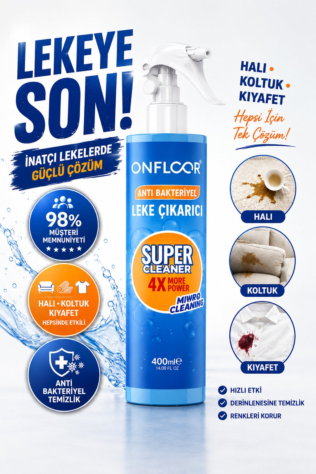 ONFLOOR Yağ, Kahve, Çay, Kan ve Makyaj Lekesi Çıkarıcı Sprey 400 ml 