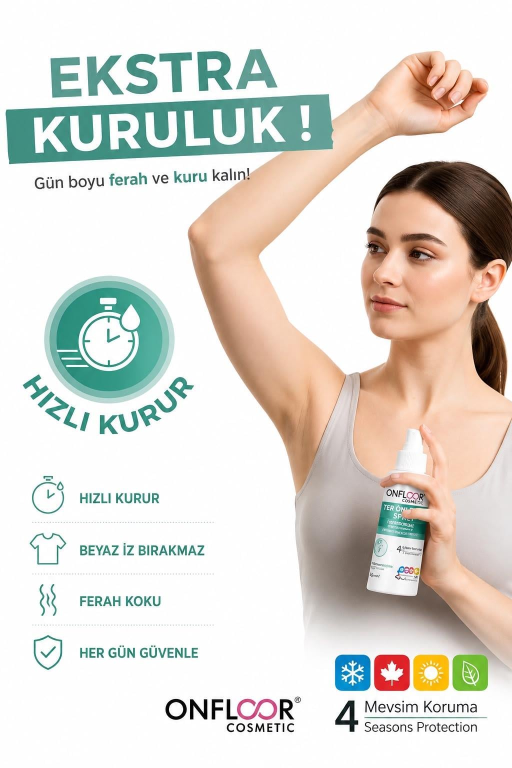 ONFLOOR Yoğun Terleme, Islaklık ve Ter Kokusuna Karşı Güçlü Koruma | Gün Boyu Ferahlık ve Özgüven, Ekstra kuruluk TER ÖNLEYİCİ SPREY I 50 ML