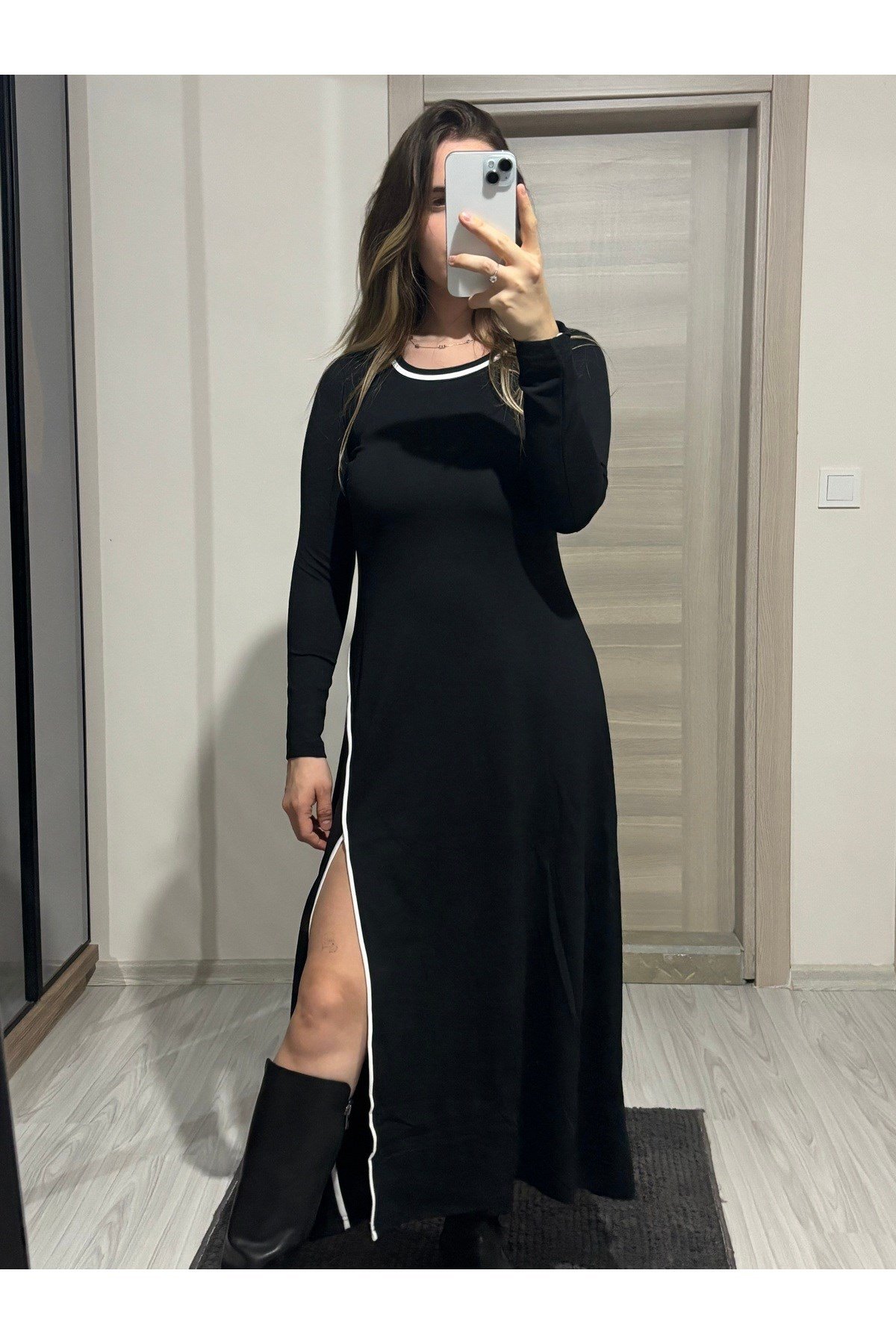 Bİye Detay Maxi Boy Yırtmaçlı Elbise
