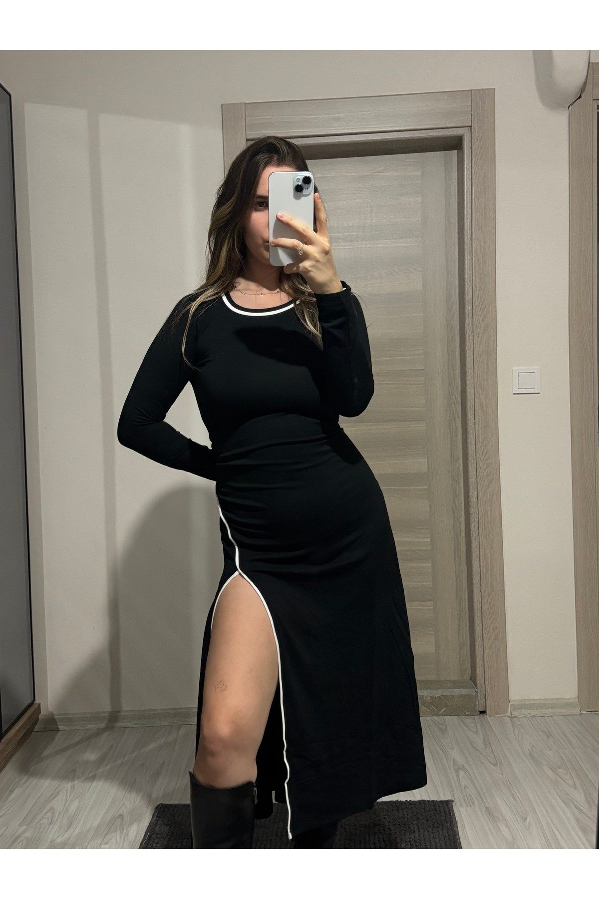 Bİye Detay Maxi Boy Yırtmaçlı Elbise