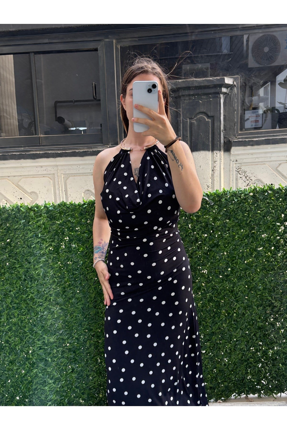 Buzzy Kumaş ZR Midi Boy Boyun Detay Puantiyeli Elbise