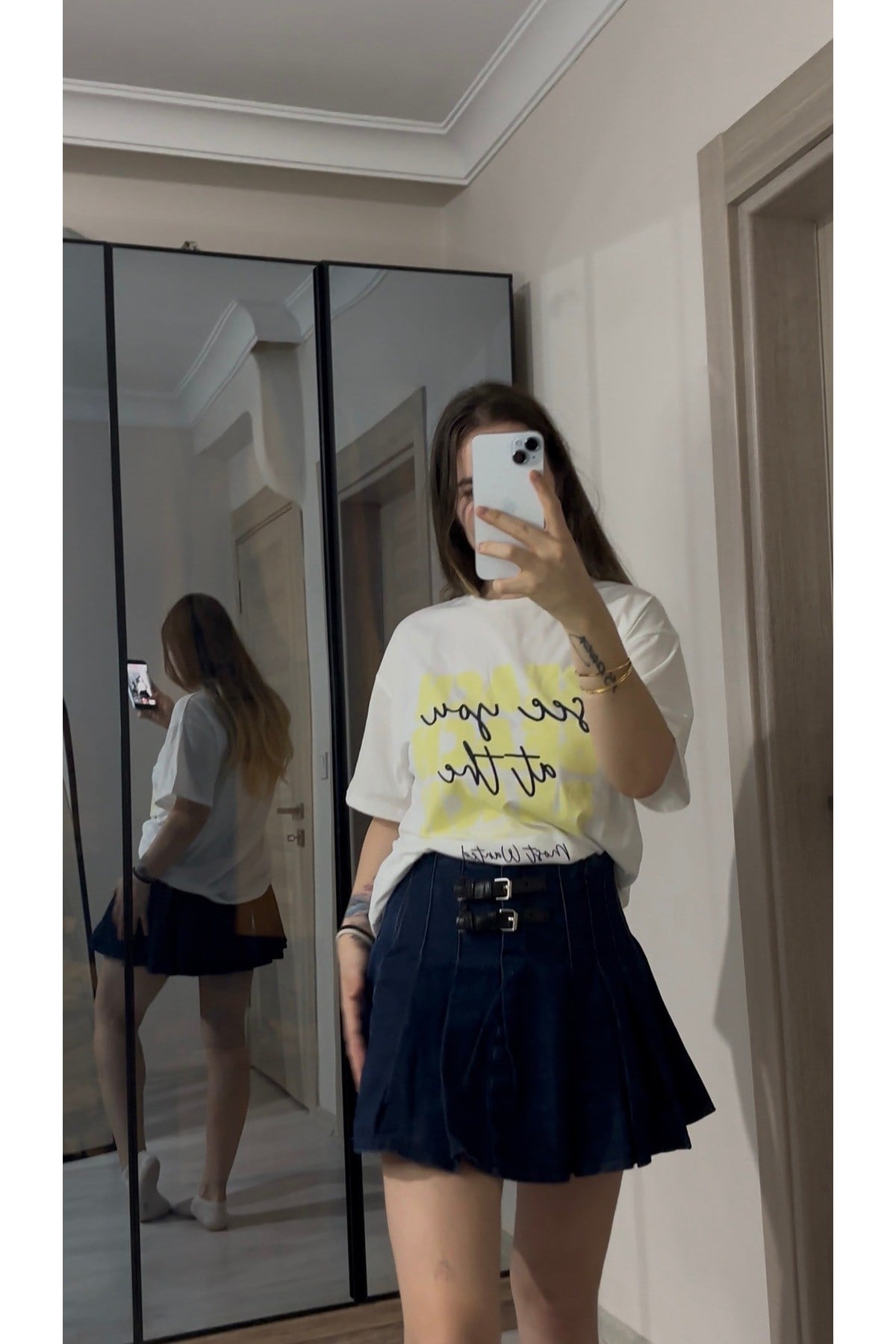 Çift Kemerli Denim Pileli Etek