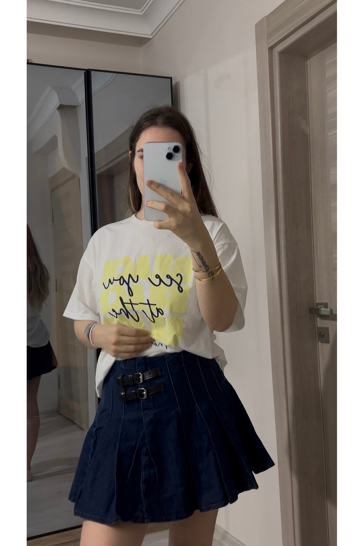 Çift Kemerli Denim Pileli Etek