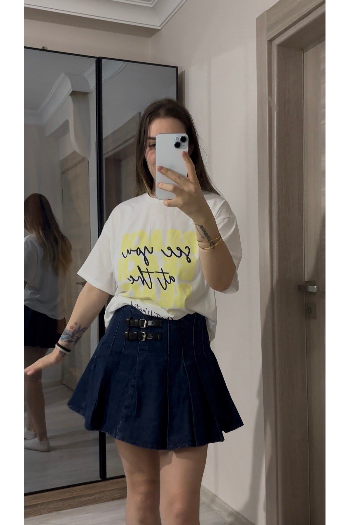 Çift Kemerli Denim Pileli Etek
