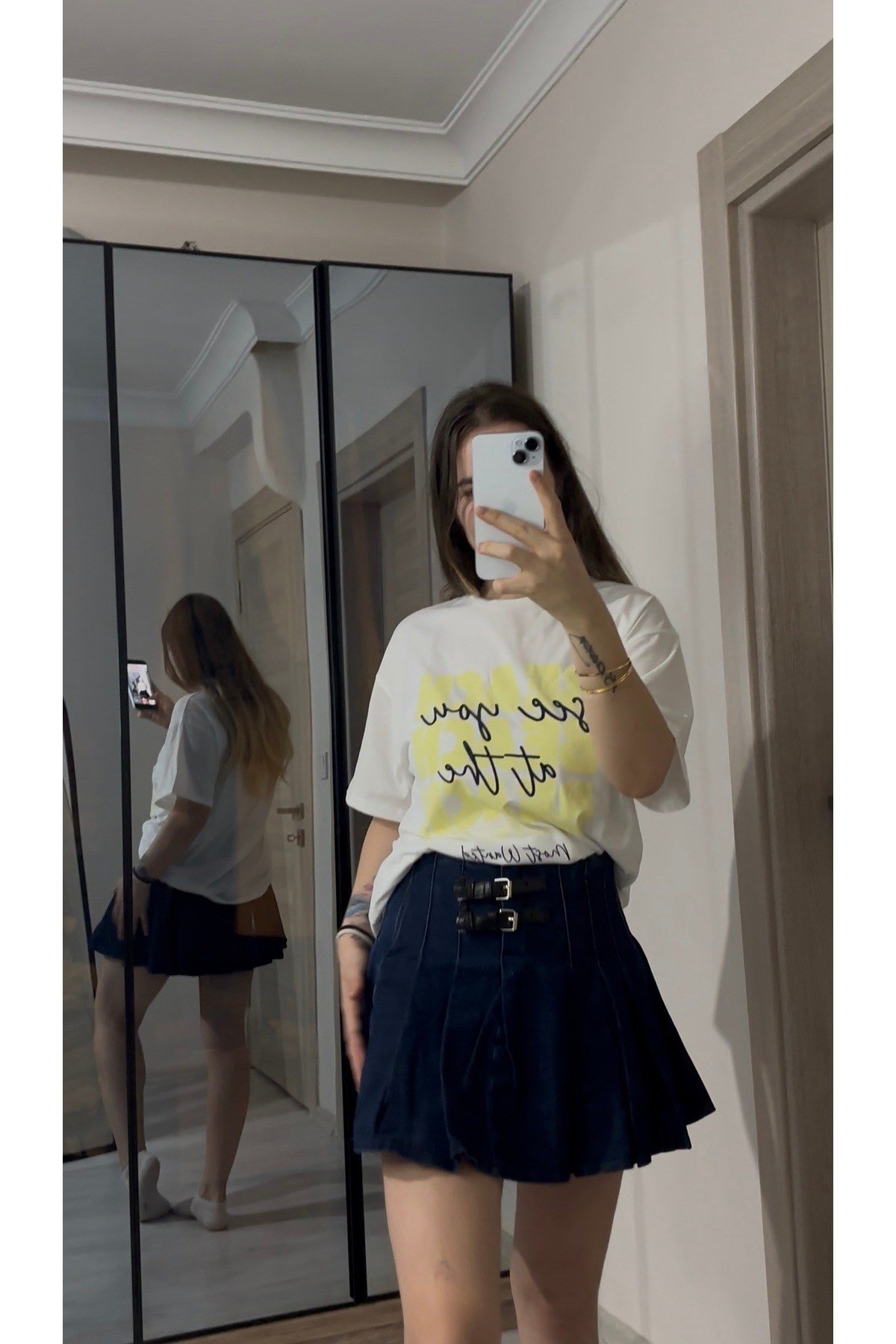 Çift Kemerli Denim Pileli Etek