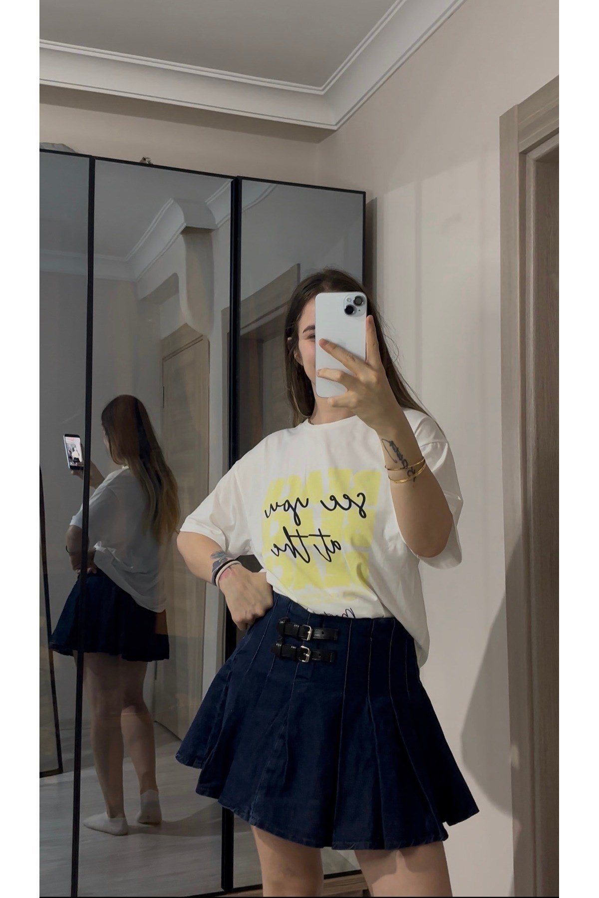 Çift Kemerli Denim Pileli Etek