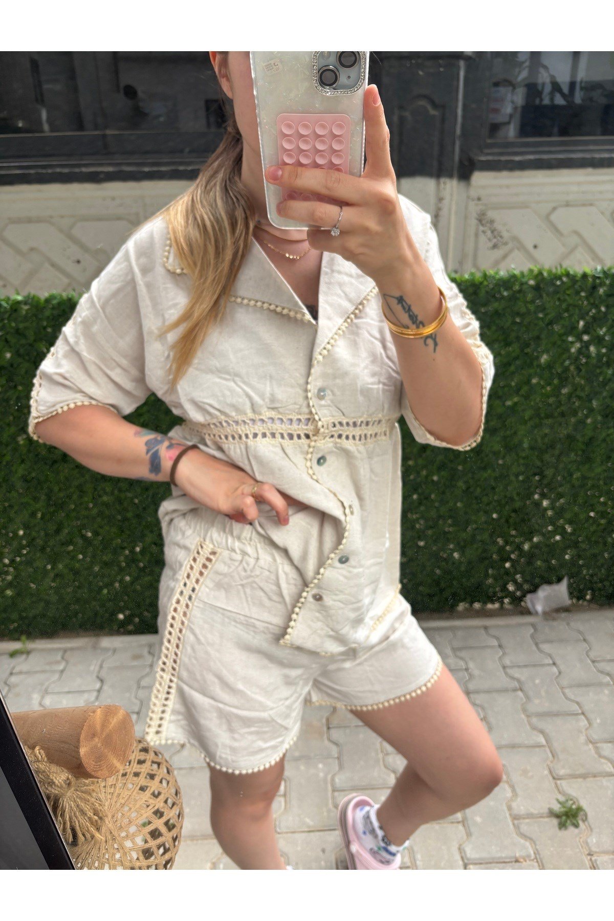 Ham Keten İşleme Detaylı Gömlek Sort Takım