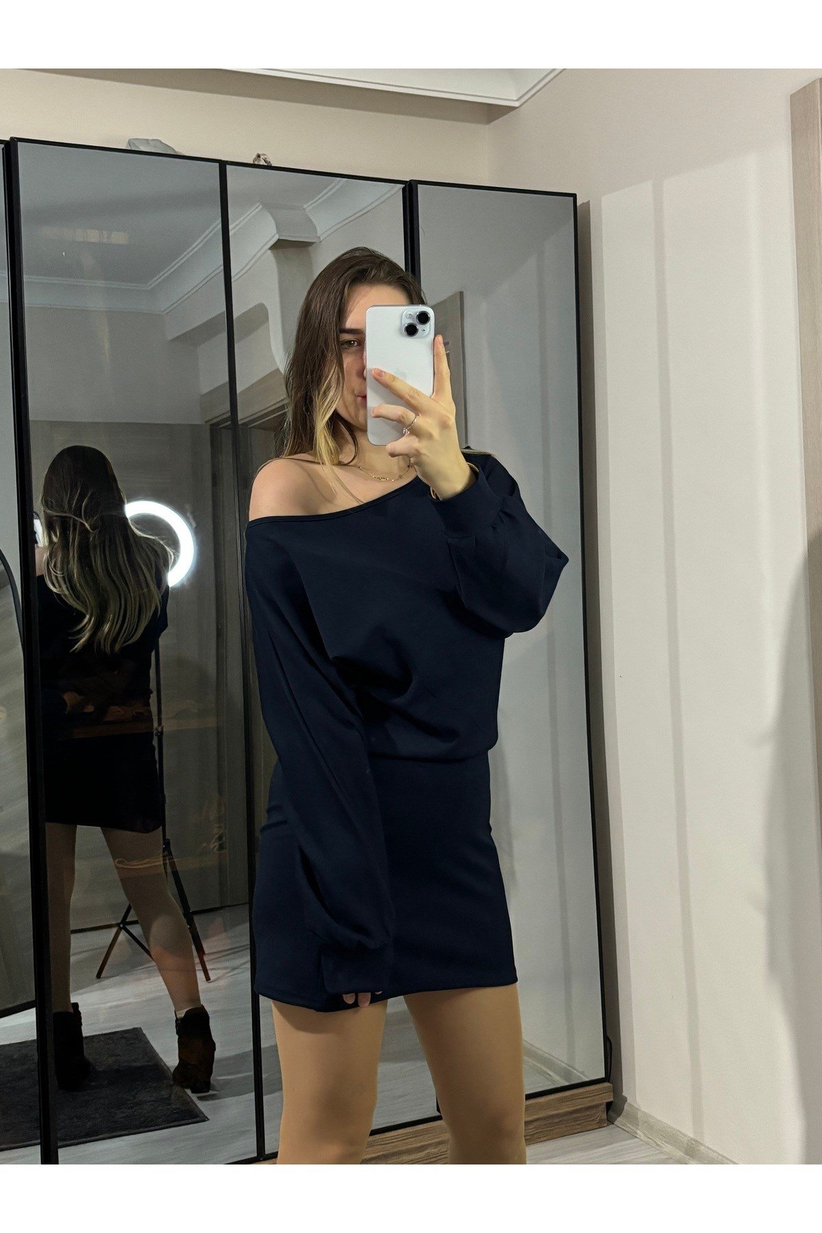 Modal Kumaş Kayık Yaka Mini Elbise
