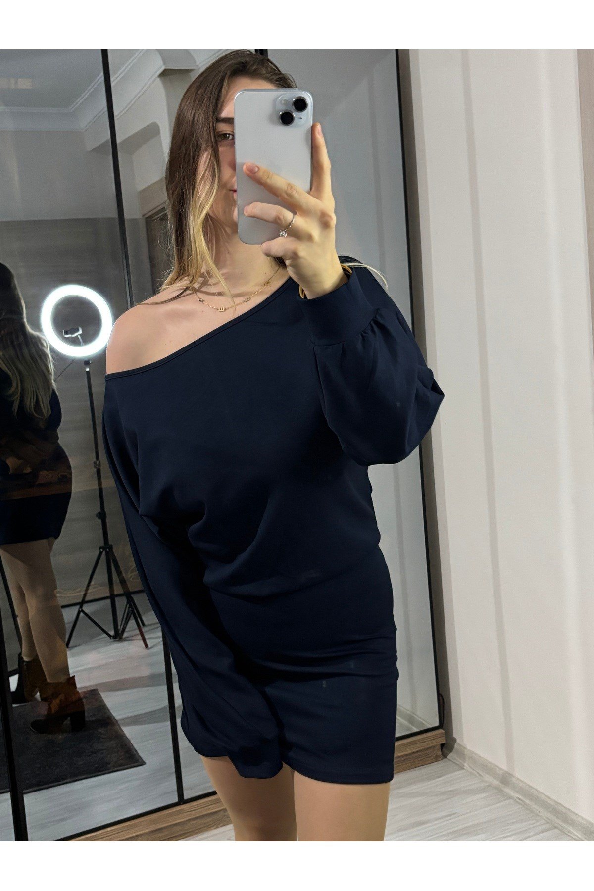 Modal Kumaş Kayık Yaka Mini Elbise