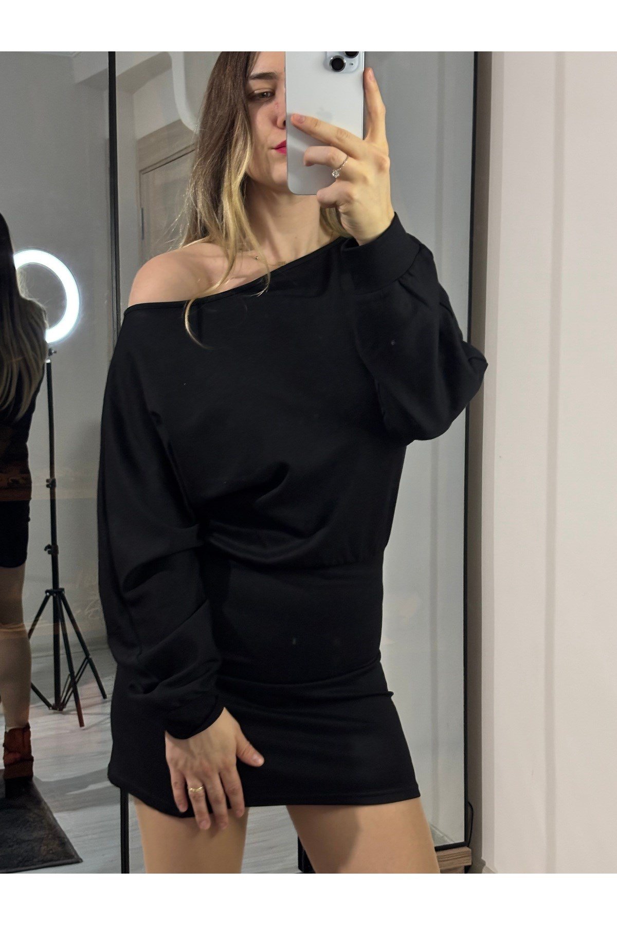 Modal Kumaş Kayık Yaka Mini Elbise