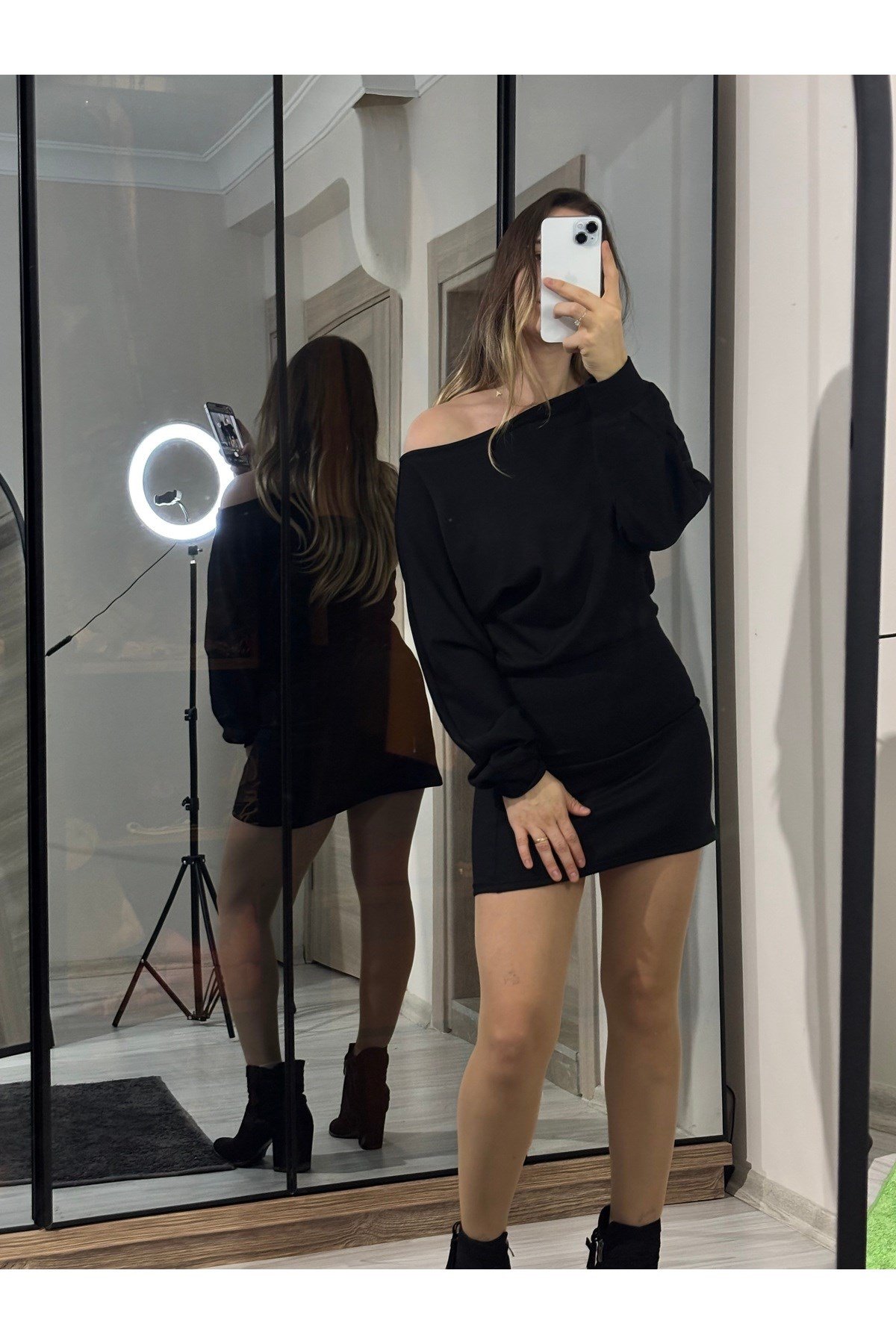 Modal Kumaş Kayık Yaka Mini Elbise
